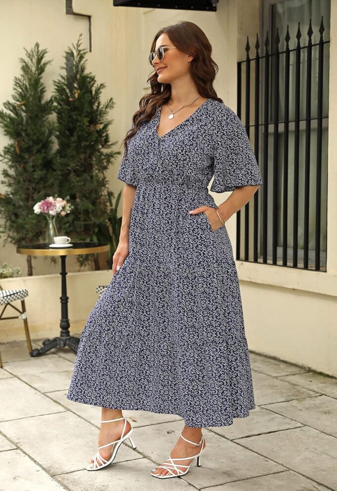 Keluummi Plus Size Summer Wedding Guest Maxi Dresses for Curvy Women, Casual Floral 3/4 Sleeve Emipre Waist V Neck Long Dress – Bild 3