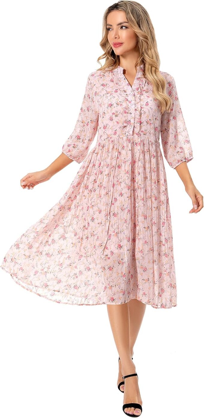 Shineflow Women's Short Sleeve V-Neck 3/4 Sleeve Button Up Chiffon Floral Pleated Midi Swing Dress with Belt – Bild 4