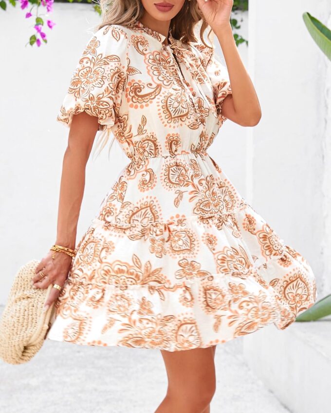 BTFBM Women Summer Floral Short Dresses V Neck Short Sleeve Tiered Ruffle Boho Swing Dress A-Line Mini Dresses – Bild 6