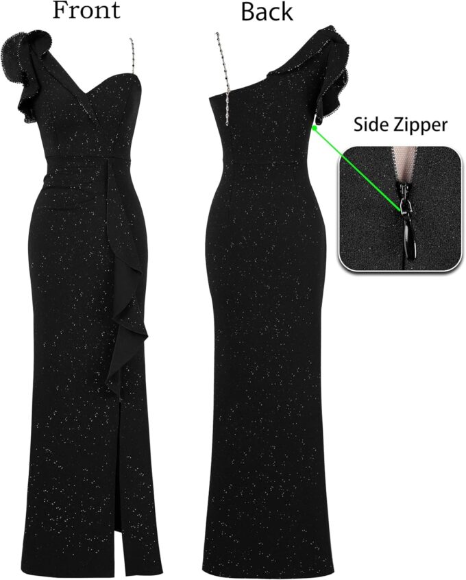 VFSHOW Womens Formal Prom Elegant Ruffle One Shoulder Beaded Strap Ruched Slit Maxi Dress Wedding Evening Long Gown – Bild 4