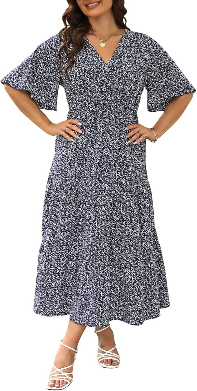Keluummi Plus Size Summer Wedding Guest Maxi Dresses for Curvy Women, Casual Floral 3/4 Sleeve Emipre Waist V Neck Long Dress