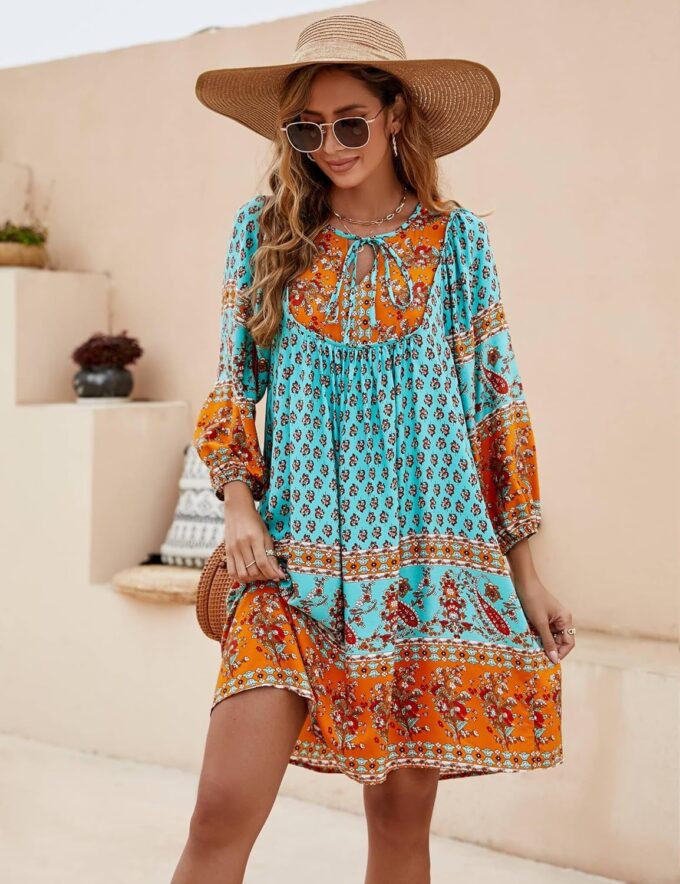 Bluetime Women Casual Summer Dress Boho V Neck 3/4 Sleeve Babydoll Floral Print Flowy Beach Dress – Bild 3