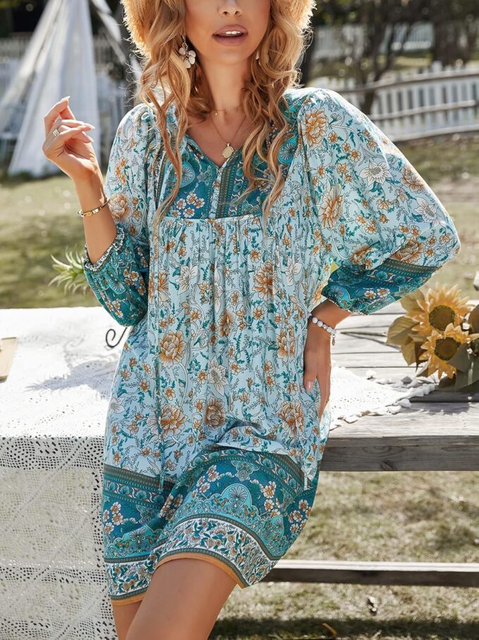 TEMOFON Women's Boho Mini Dress: Summer Floral 3/4 Long Sleeve V Neck Flowy Loose Casual Beach Dresses – Bild 3