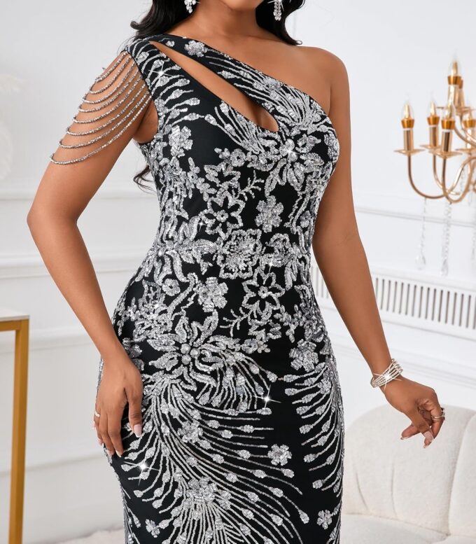 Cololura Women Sequin Elegant Sexy One Shoulder Tassel Mermaid Bodycon Cocktail Evening Dress – Bild 6