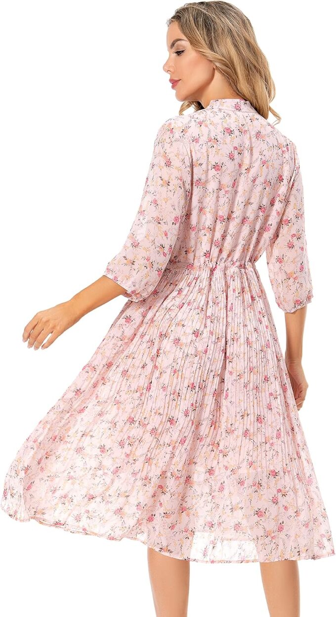 Shineflow Women's Short Sleeve V-Neck 3/4 Sleeve Button Up Chiffon Floral Pleated Midi Swing Dress with Belt – Bild 5