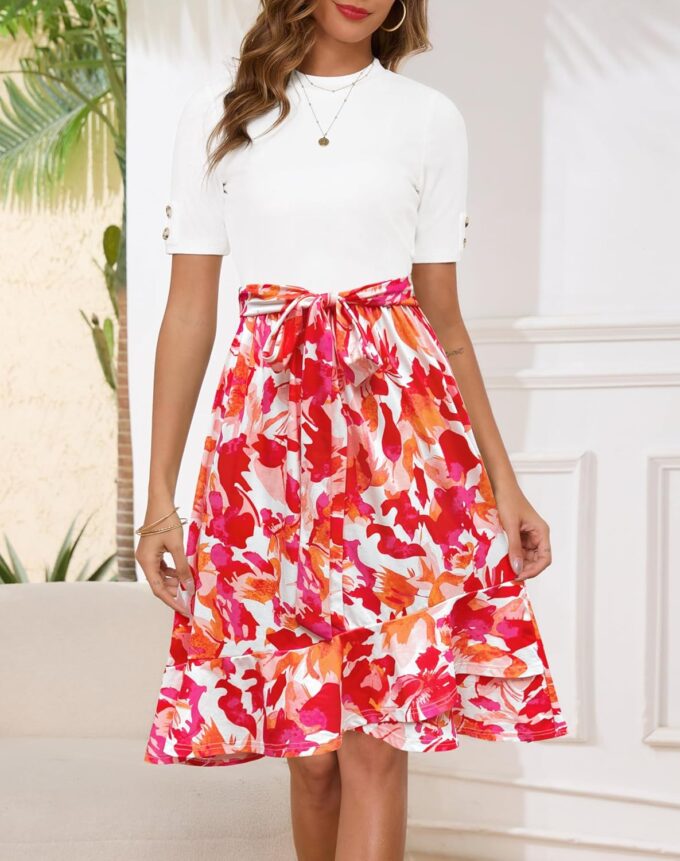 Annebouti Damen-Midikleid 2025, kurzärmelig, für Frühling und Sommer, gerippt, halbformell, für Lehrer, Freizeit, Arbeit, Midi-Kleid mit Taschen – Bild 4