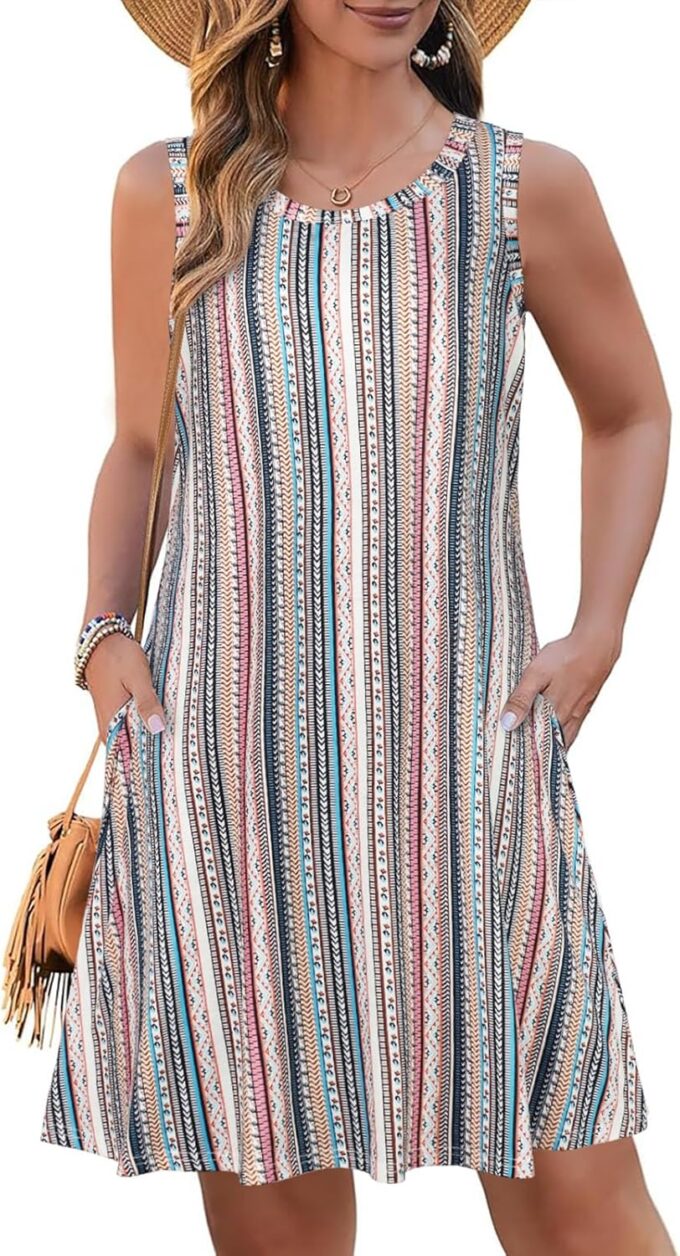 Summer Dresses for Women Beach Boho Sleeveless Vintage Floral Flowy Pocket Tshirt Tank Sundresses