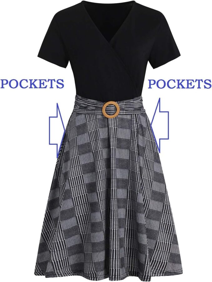 Women's Elegant Criss-Cross V Neck Vintage Short Sleeve Work Casual Fit and Flare Tea Dress with Pockets 980 – Bild 7