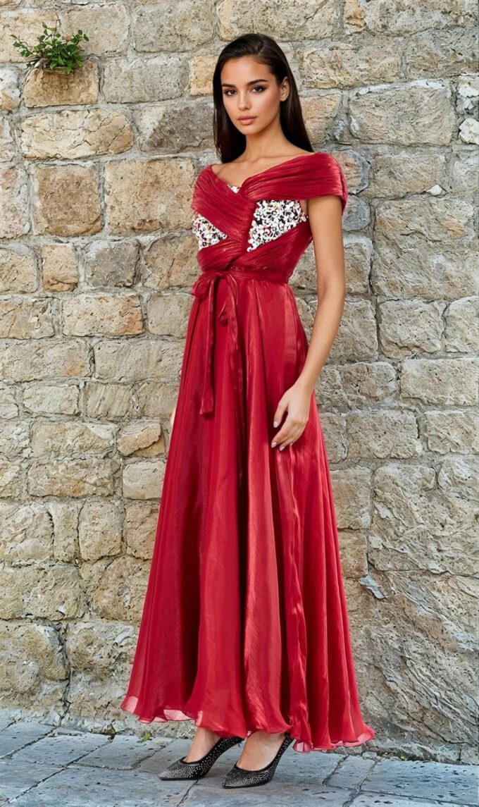 Women's Asymmetrical Gown with Soft Organza & Butter Crepe Lining – Embroidered Flare Dress – Bild 2