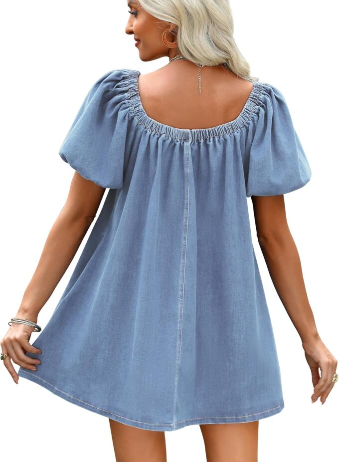 Denim Dress for Women, Puff Short Sleeve Jean Dress Square Neck Denim Romper with Pockets – Bild 3