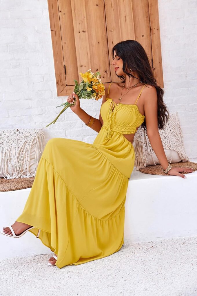 Fisoew Women's Spaghetti Strap Maxi Dress Summer Sleeveless Side Cut Out Dress Casual Boho Backless Flowy Long Dresses – Bild 4