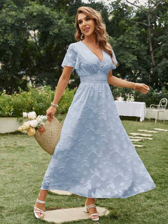Simplee Women's Boho Floral Maxi Dress Flowy Casual V Neck Short Sleeve Wedding Guest Holiday Beach Long Dress – Bild 2