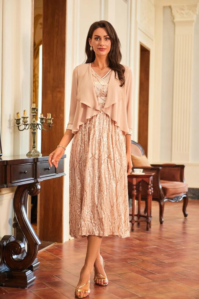 GRACE KARIN Damen Pailletten Abendkleid Ärmellos Cocktailkleid Zweiteilige mit Chiffon Cardigan Hochzeitkleid Festliche Glitzer Kleid – Bild 2