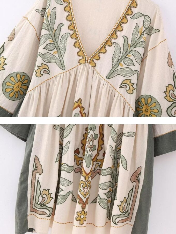 Womens Oversized Embroidered Dress with V-Neck and 3/4 Sleeves Vintage Embroidery Babydoll Dress – Bild 6