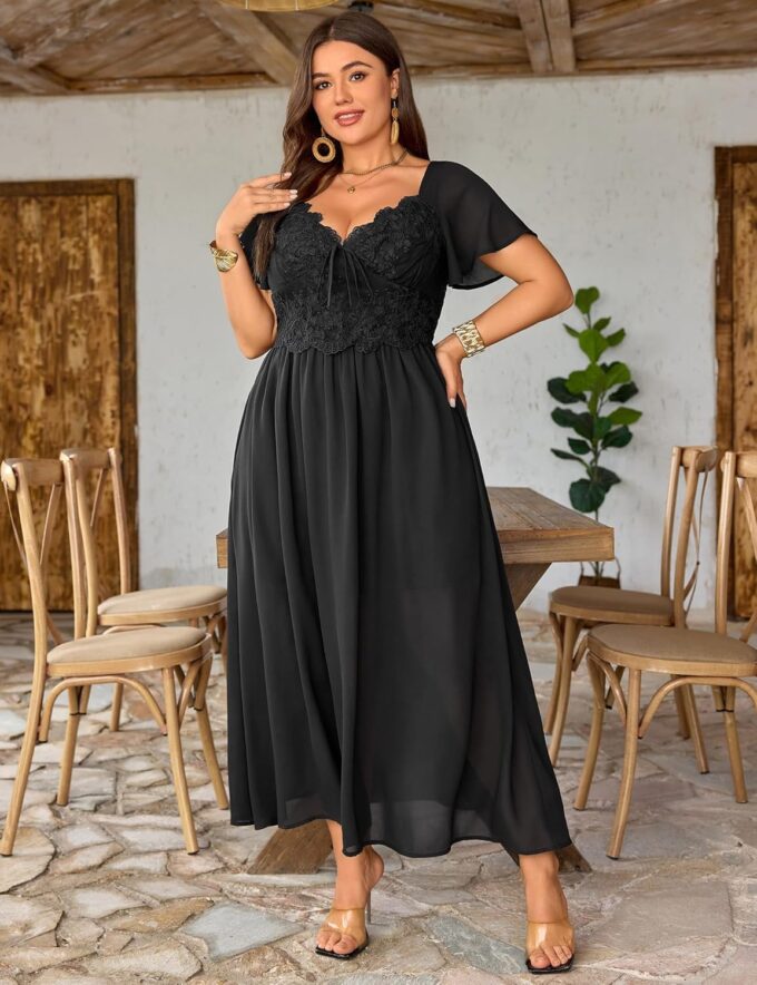 Women's Plus Size Lace Maxi Dress Short Sleeve V Neck Flowy Empire Waist Smocked Back Wedding Guest Dress – Bild 8