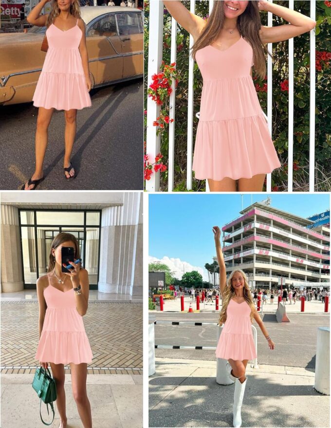 Nova In Sky Womens Summer Dresses 2025 Flowy Boho V-Neck Beach Sundresses Spaghetti Strap Tiered Mini Swing Skater Dress – Bild 4