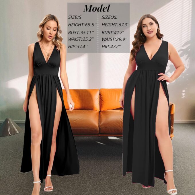 SILUI Women's Summer 2025 Sexy Double High Slit Deep V Neck Plus Size Sundresses Thigh Split Maxi Club Party Dresses – Bild 8