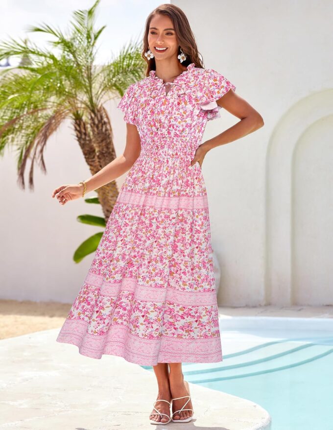 GRACE KARIN Damen Kurze Rüschenärmel Blumenkleid Sommer Rundhals A-Linie Maxikleid Casual Strand Böhmisch Kleider – Bild 3