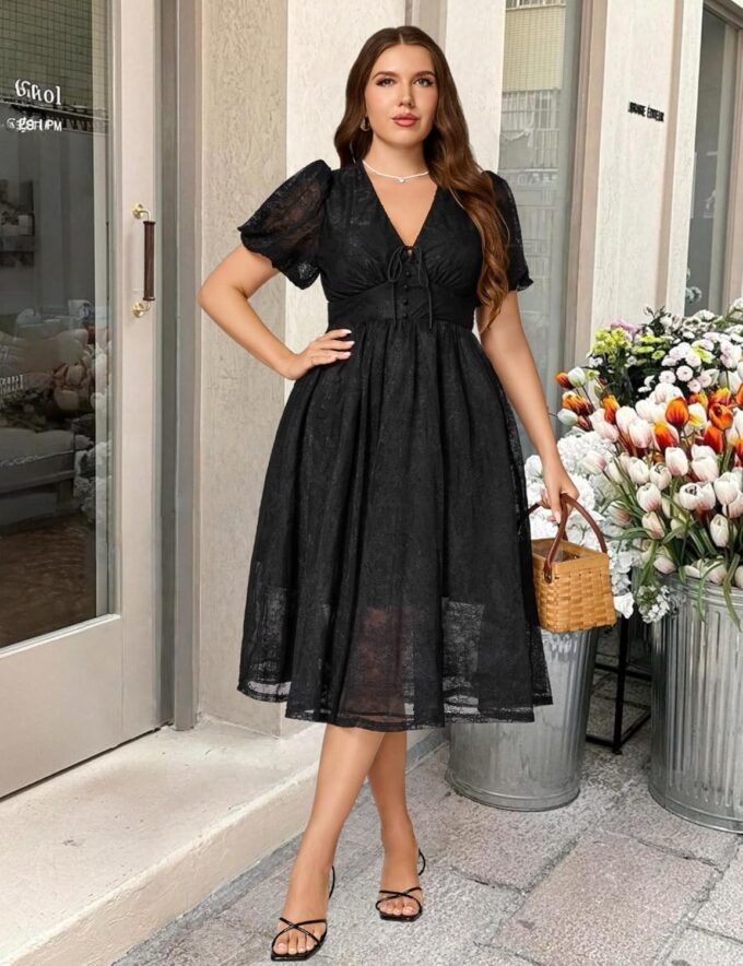 Plus Size Summer Dresses for Women 2025 V Neck Lace Midi Dress Semi Formal Short Sleeve Wedding Guest Cocktail Prom – Bild 4