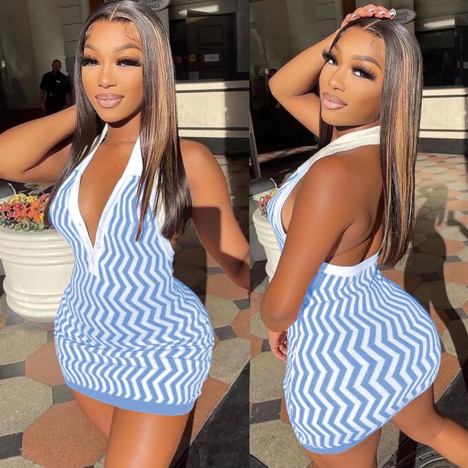 Ryehack Women’s Summer Halter Dress Backless Sundress Striped V Neck Bodycon Mini Beach Dress Y2k Sexy Casual Tank Dress – Bild 4