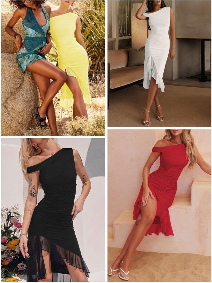 Women Sleeveless One Shoulder Bodycon Midi Dress Summer Side Slit Mesh Irregular Ruffle Cocktail Dress for Women – Bild 6