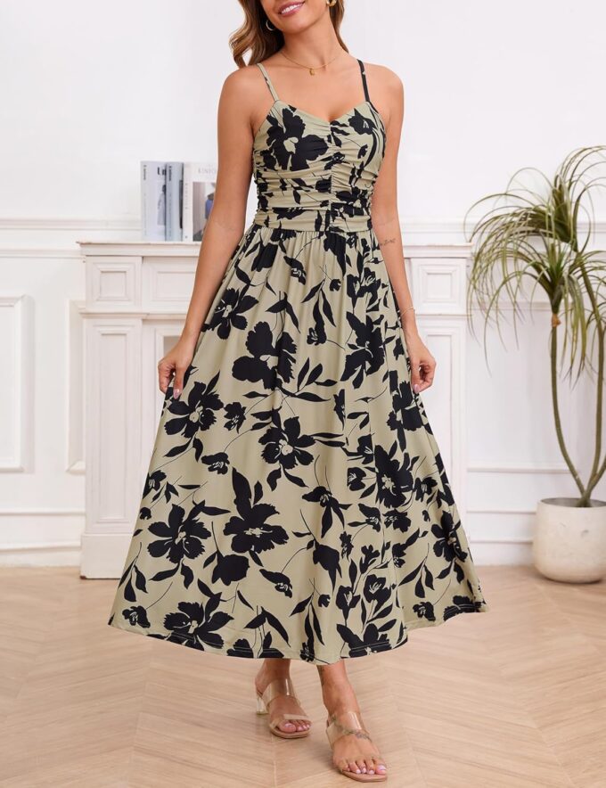 Annebouti Women 2025 Summer Spring Ruched Maxi Dress Adjustable Spaghetti Strap Floral Beach Long Sundress with Pockets – Bild 2