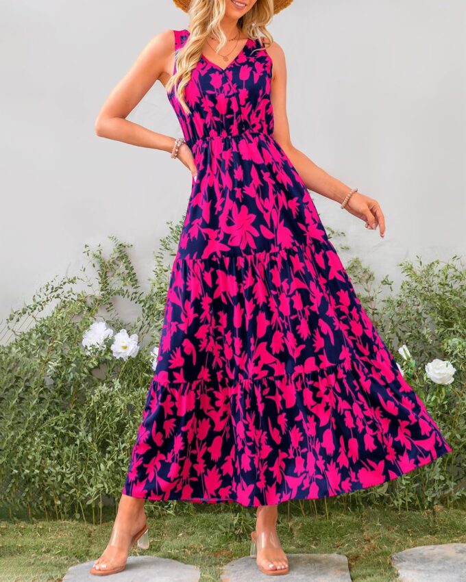 BTFBM Women Summer Dresses Casual Sleeveless Maxi Dresses Cute Floral Long Dress Wedding Guest Dress – Bild 2