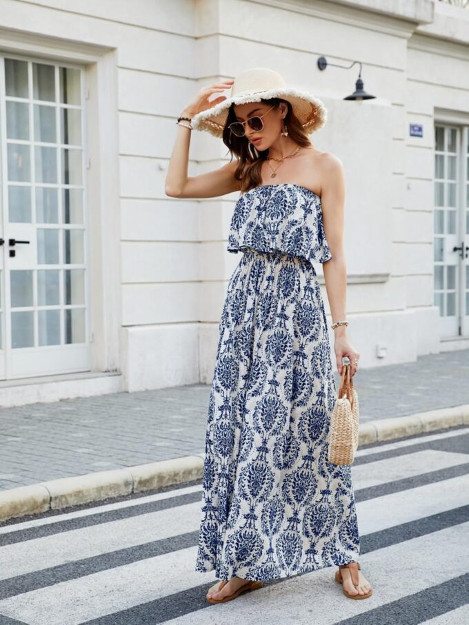 ZMPSIISA Women's Summer Off The Shoulder Maxi Dress Ruffle Strapless Blue White Porcelain Boho Casual Loose Long Dresses – Bild 4