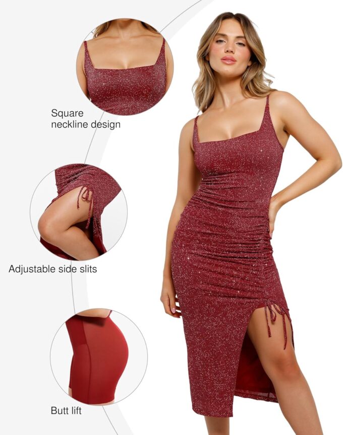 Popilush Sparkly Cocktail Dresses for Women Tummy Control Formal Shapewear Dress Square Neck Ruched Midi Dress Side Slit – Bild 4