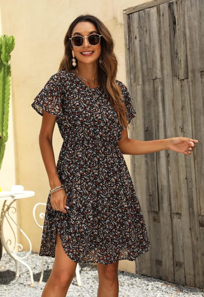 Manydress Women's Chiffon Floral Dresses Casual Summer Boho Flutter Sleeve Flowy Skater Western Dress MY112 – Bild 3