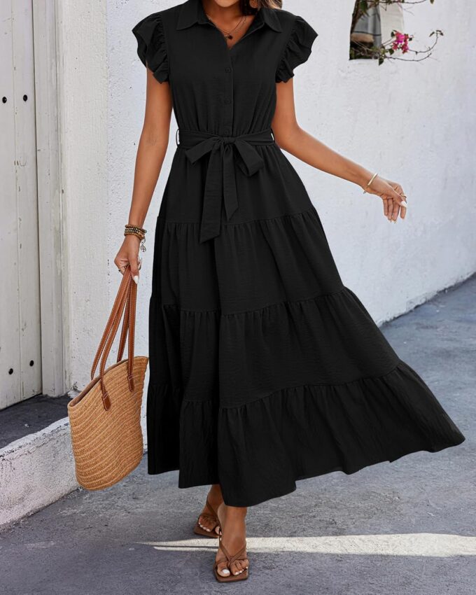 dowerme Women's Summer Casual Dresses 2025 Cap Ruffle Sleeve V Neck Button Belted Tiered Boho Maxi Dress with Pockets – Bild 7