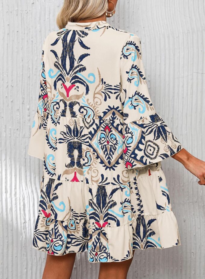 Summer Dresses for Women 2025 Flowy Ruffle 3/4 Sleeve V Neck Tiered Casual Babydoll Boho Beach Mini Dress – Bild 3