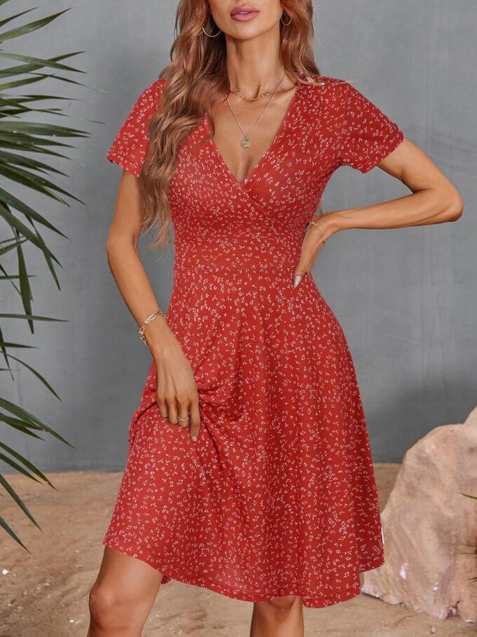 MSBASIC Womens Summer Wrap V Neck Casual Dresses Floral Short Sleeve A-Line Midi Sundress – Bild 2