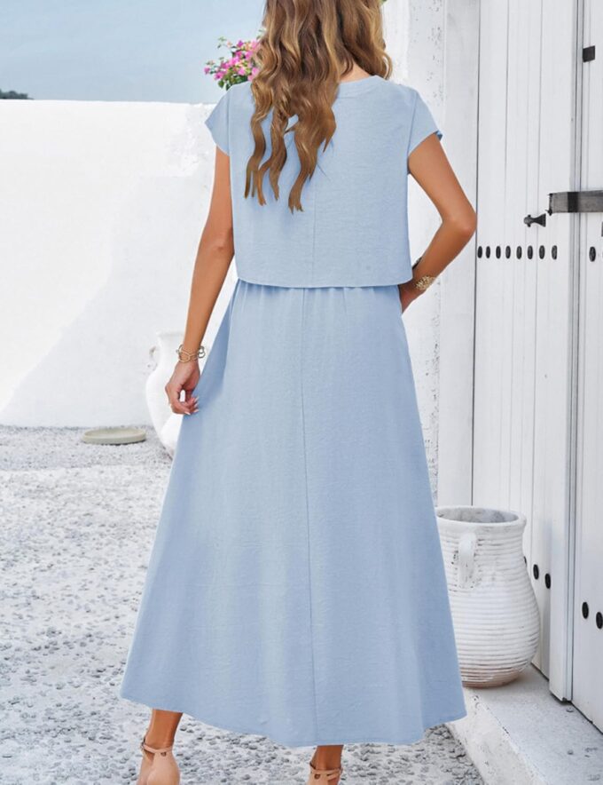 HangNiFang Summer Skirt Sets Women 2 Piece Outfits Cap Sleeve Top Elastic Waist Lightweight Maxi Dress Sets with Pockets – Bild 4