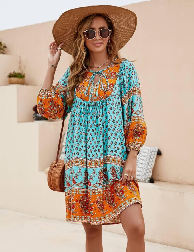 Bluetime Women Casual Summer Dress Boho V Neck 3/4 Sleeve Babydoll Floral Print Flowy Beach Dress – Bild 2