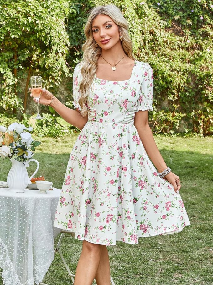 Belle Poque Vintage Dress for Women 1950s Cottagecore Cocktail Dresses Square Neck Puff Sleeve Dress with Pockets – Bild 4