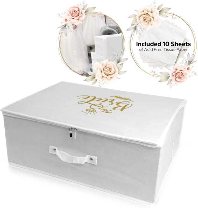 Wedcova UK Hochzeitskleid Aufbewahrungsbox | Weiß Personalisierte Brautkleider Unterbett Aufbewahrungsboxen | Unter Bett Kleidung Box mit 10 Säurefreie Tissue Papiere | Raum Organizer Box | Medium – Bild 5