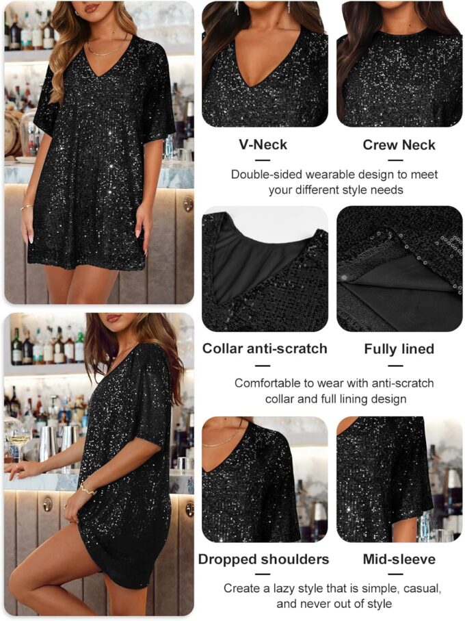 Women's Crew Neck Sequin Dress for Women Sexy V Neck Shirt Dress Sparkly Half Sleeve Loose Party Club Cocktail Dress – Bild 6