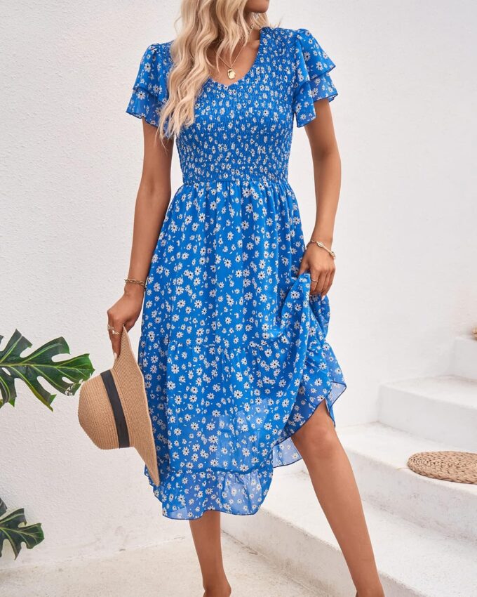 BTFBM Women Casual Summer Short Ruffles Tiered Sleeve Smocked Midi Dresses Bohemian Floral V Neck Wedding Guest Long Dresses – Bild 3