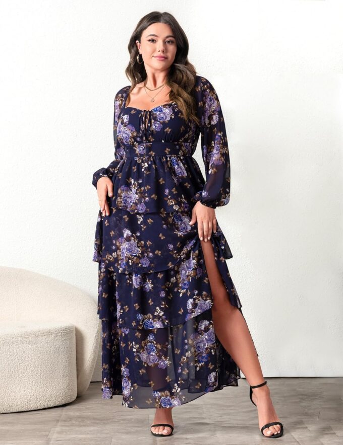 Womens Plus Size Floral Tiered Ruffle Long Sleeve Evening Party Wedding Guest Dress – Bild 4