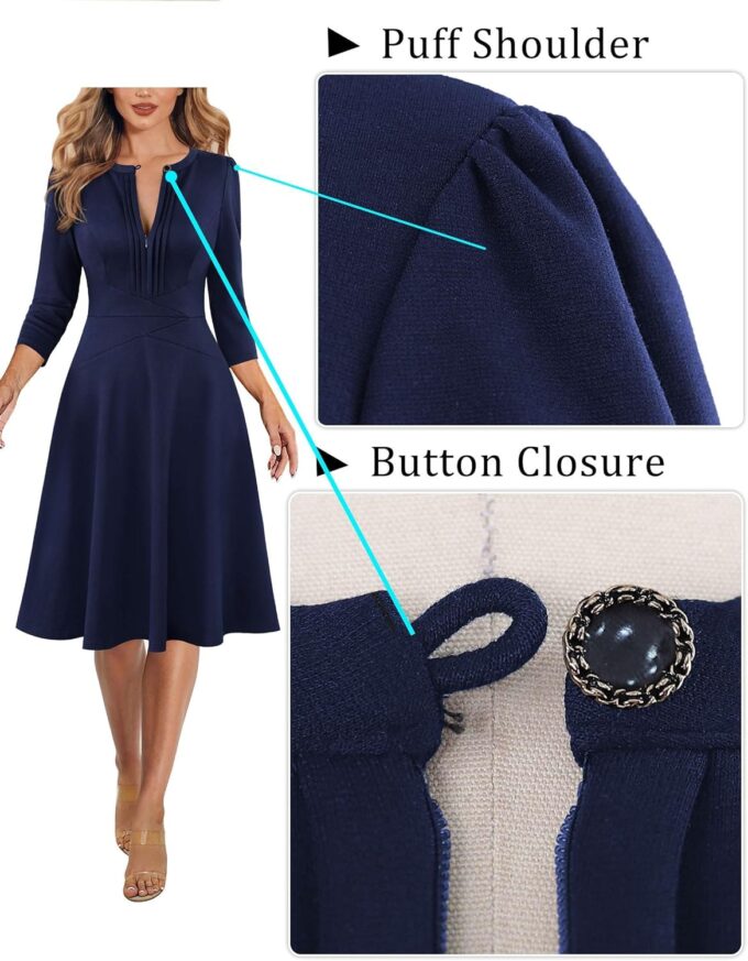 VFSHOW Damen-Kleid, plissiert, Rundhalsausschnitt, Reißverschluss vorne, für Arbeit, Büro, Business, A-Linie, schmale Passform und ausgestelltes Kleid – Bild 6