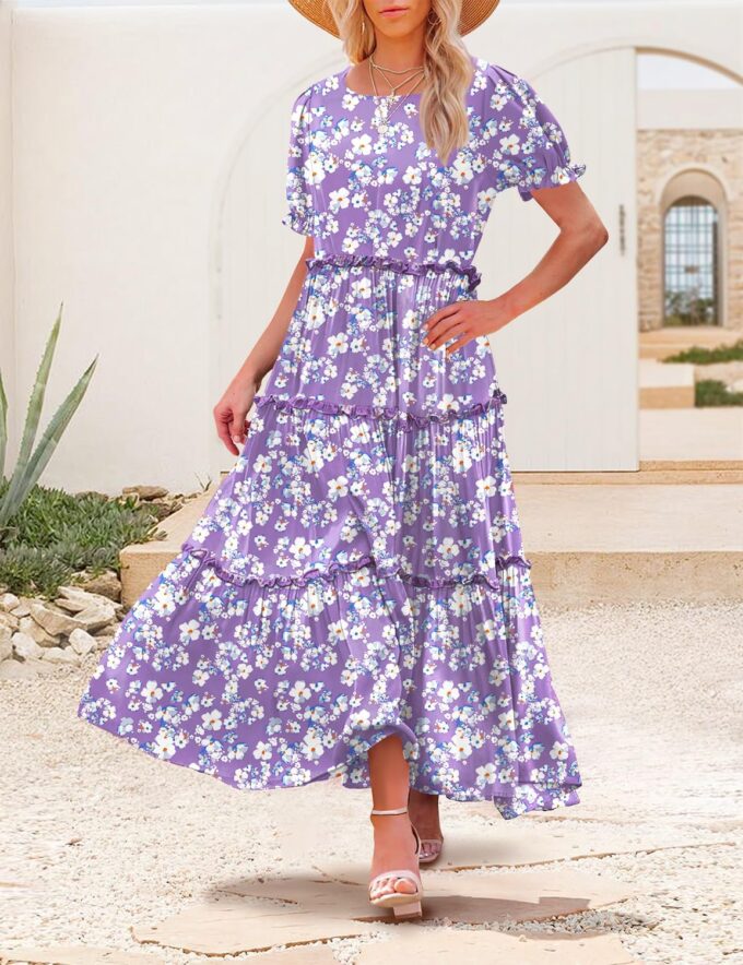 YESNO Summer Casual Bohemian Floral Dresses for Women Puff Short Sleeve Long Maxi Dress with Pockets ETX – Bild 3