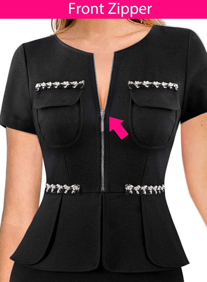 VFSHOW Damen-Kleid mit Schößchen, Rundhalsausschnitt, Fronttaschen mit Reißverschluss, figurbetontes Kleid – Bild 3