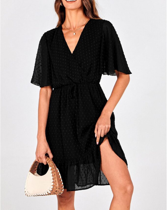 KIRUNDO Women's Summer Dresses 2025 Casual Short Sleeve V Neck Ruffle Floral Print High Waist Flowy Mini Dress with Belt – Bild 5