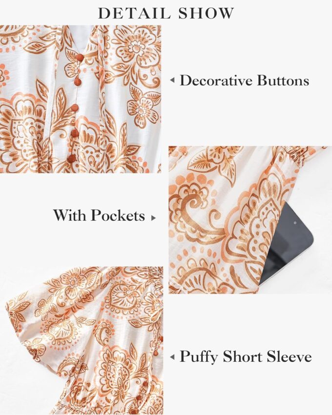 BTFBM Women Summer Floral Short Dresses V Neck Short Sleeve Tiered Ruffle Boho Swing Dress A-Line Mini Dresses – Bild 5