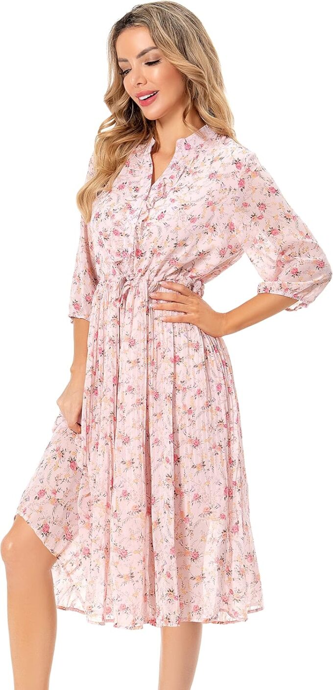 Shineflow Women's Short Sleeve V-Neck 3/4 Sleeve Button Up Chiffon Floral Pleated Midi Swing Dress with Belt – Bild 7