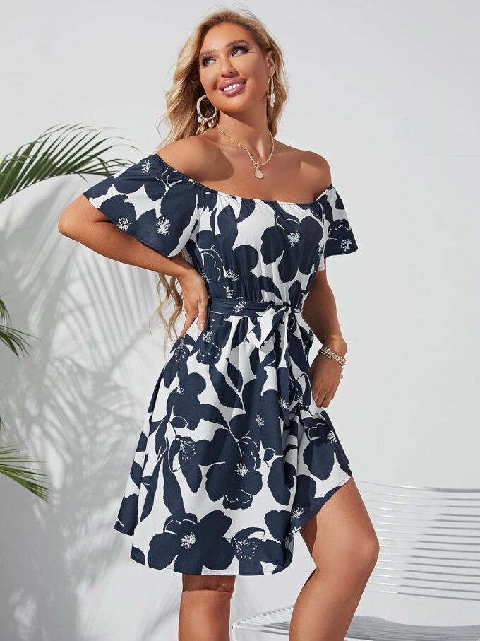 Womens Off Shoulder Ruffle Floral Summer Wedding Guest Dresses A Line Shift Short Skater Dress with Belt – Bild 4