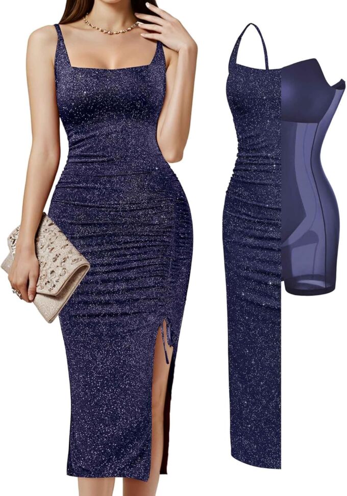 Popilush Sparkly Cocktail Dresses for Women Tummy Control Formal Shapewear Dress Square Neck Ruched Midi Dress Side Slit