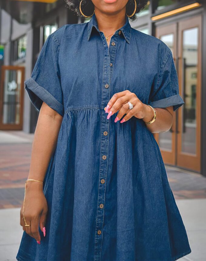 Womens Denim Babydoll Dresses Button Down Tiered Jean Dress – Bild 2