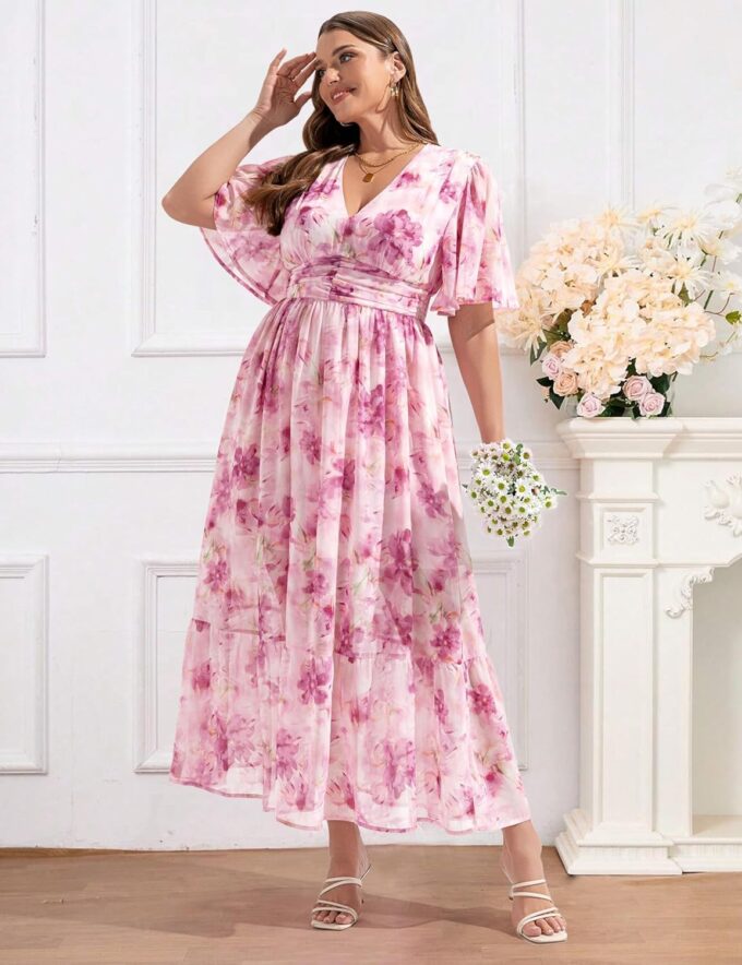 Women's 2025 Floral Summer Dress Smocked V Neck Boho Plus Size Beach Party Wedding Guest Ruffle Long Dresses – Bild 5